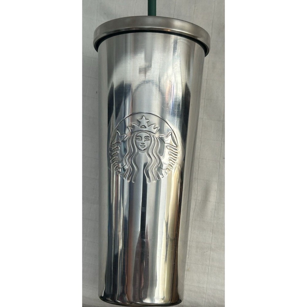 STARBUCKS 24 ounce Cold Cup Chrome Gray Stainless Steel Travel Green Straw